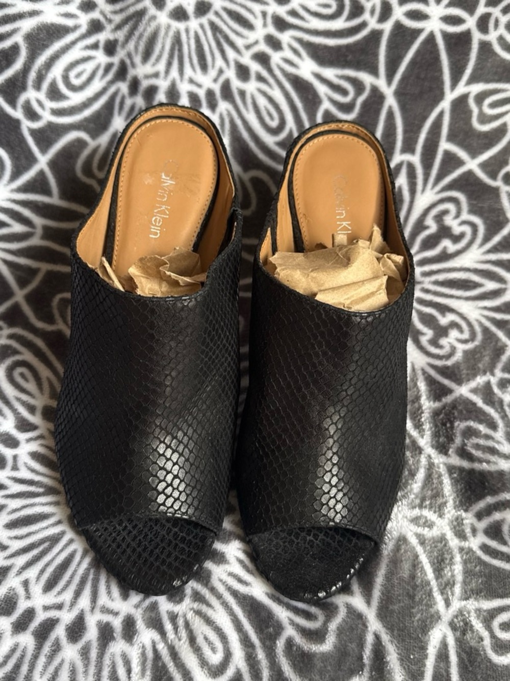 Calvin Klein Black Snake-Embossed Peep-Toe Mules